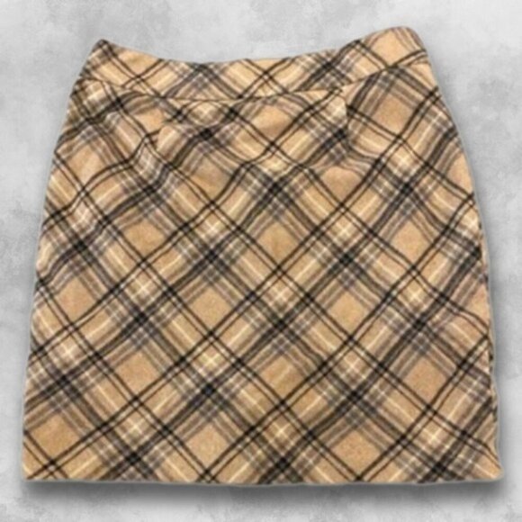 Alfred Sung Classic Mini Skirt Plaid Pattern Zip Closure Cream & Brown W 6 GUC - Picture 3 of 6